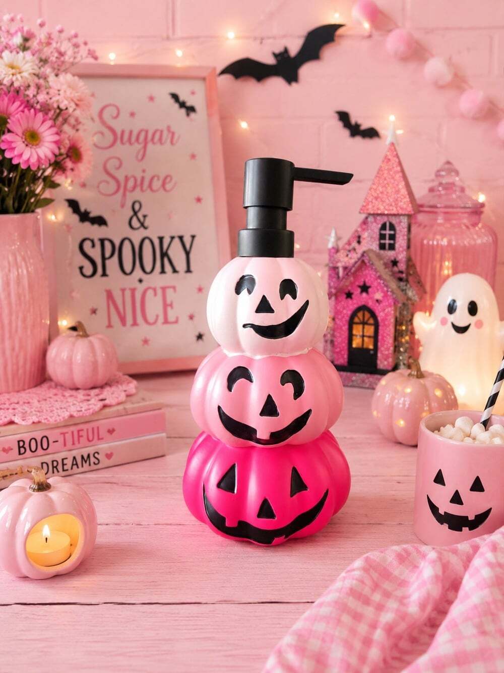 New Pink Halloween Stacked Pumpkins Soap Dispenser Decor Bathroom Kitchen